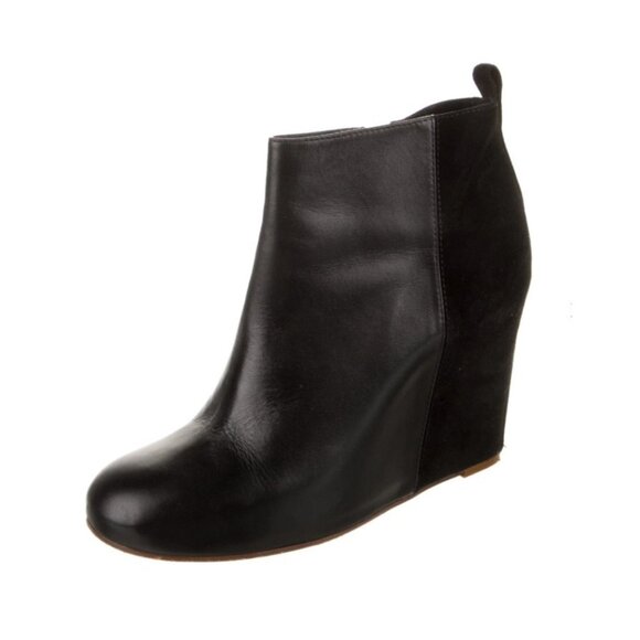 Celine Booties Black Leather & Suede Wedge Ankle Boots Sz 37 - Picture 1 of 14